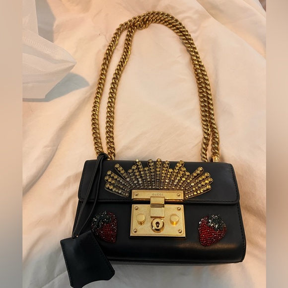 Gucci Black Leather Bag with Gold and Strawberry Accents - Picture 1 of 14